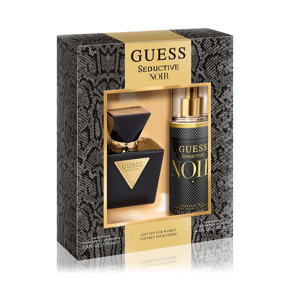 image showing the bottle and packaging for Guess Seductive Noir For Woman Set   (EDT 75ml + Fragrance Mist 125ml) set