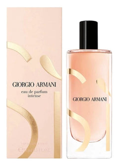 Giorgio Armani Intense Eau de Parfum bottle next to its pink and gold packaging box, on a white background.