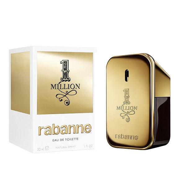 Paco Rabanne 1 Million Eau de Toilette Natural Spray bottle and its matching metallic gold packaging box, shown on a clean white background.