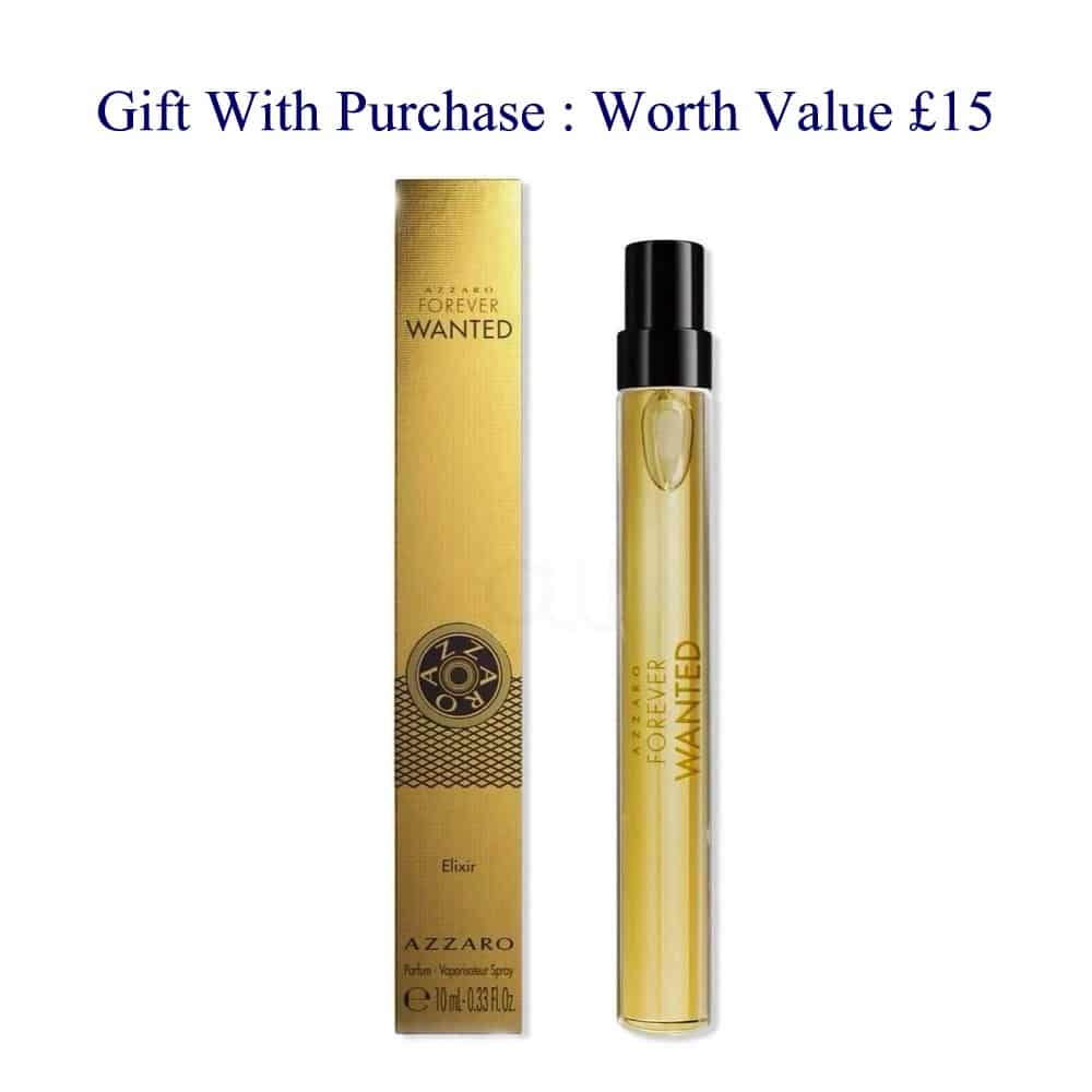 A 10ml travel spray vial of Azzaro Forever Wanted Eau de Toilette next to its gold packaging box, with promotional text 'Gift With Purchase : Worth Value £15' at the top.