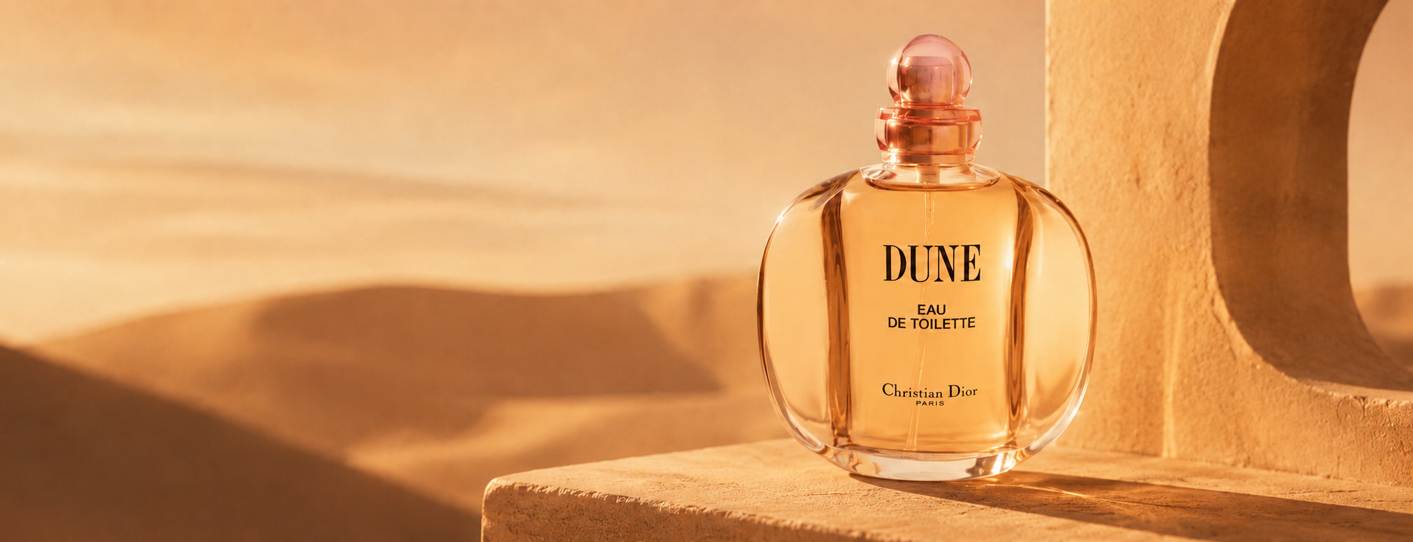 Christian Dior Dune Eau de Toilette perfume bottle in a warm desert setting with sand dunes in the background.