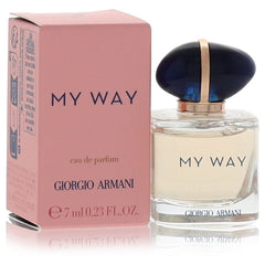 Giorgio Armani My Way Eau de Parfum bottle with its pink packaging box, featuring a dark blue cap with a gold band and a pink box on a white background.