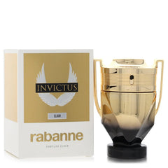 Coco Rabanne Invictus Elixir Parfum Elixir bottle and packaging box. The bottle is a faceted gold and black gradient design with gold handles, shown next to its white and gold box featuring the wing logo and 'INVICTUS' text.