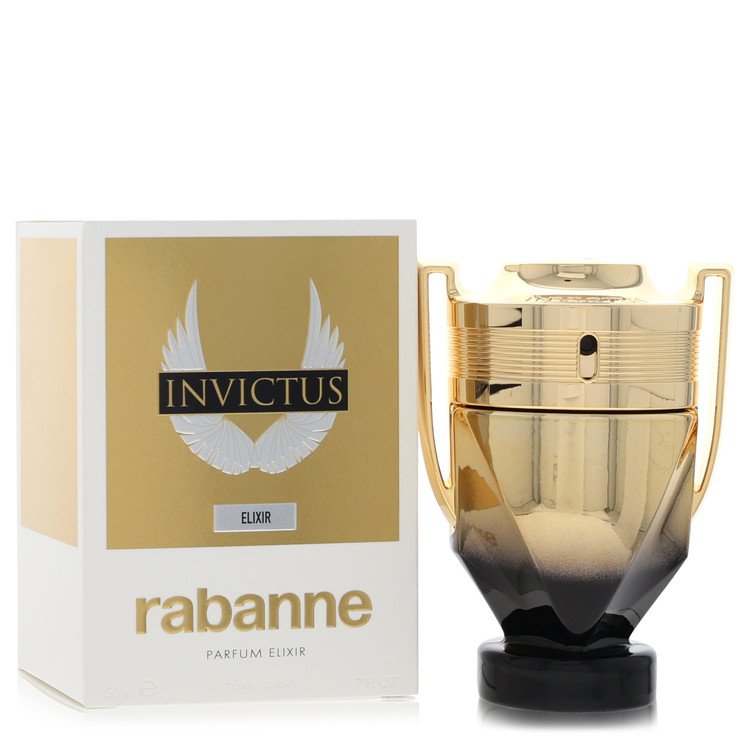 Coco Rabanne Invictus Elixir Parfum Elixir bottle and packaging box. The bottle is a faceted gold and black gradient design with gold handles, shown next to its white and gold box featuring the wing logo and 'INVICTUS' text.