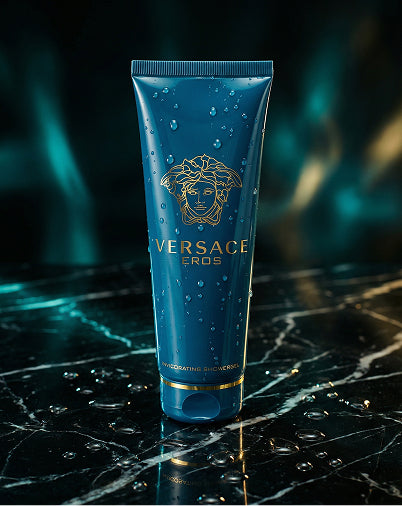 Versace Eros tube on a dark marble surface with a dark background