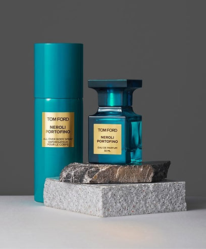 Tom Ford Neroli Portofino perfume bottle and packaging on a gray background