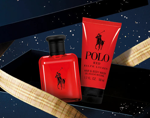 Red Polo Ralph Lauren perfume bottle and hair & body wash on a starry night background