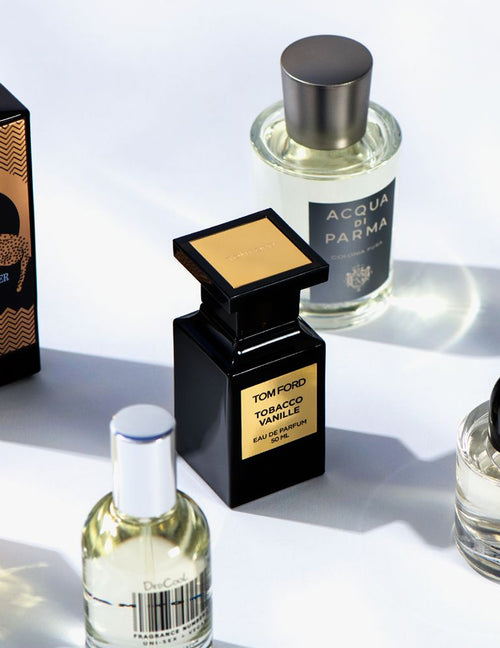 Collection of perfume bottles on a reflective surface with a light background