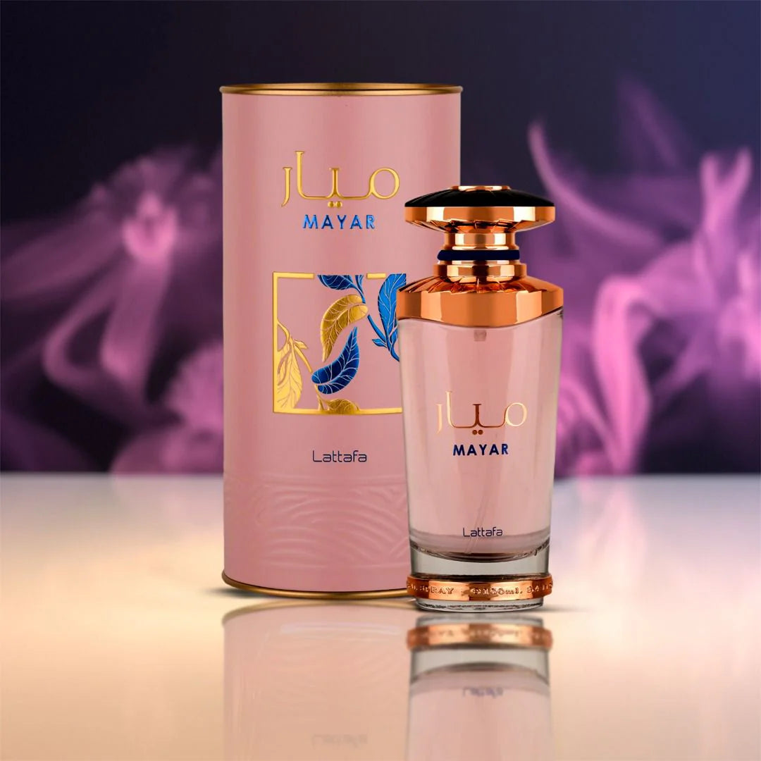 Latafa Mayar perfume bottle and packaging on a reflective surface with a purple smoke background
