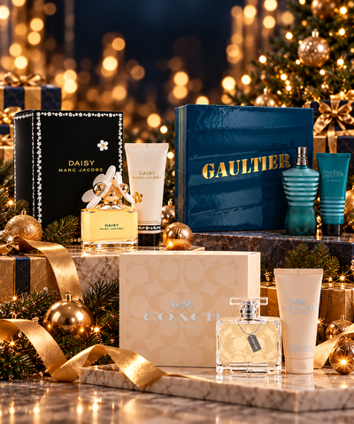 A festive holiday gift set featuring Coach Daisy perfume, Marc Jacobs Daisy Handmade, and Gaultier Eau de Toilette bottles, arranged on a marble surface with gold ribbons, pine branches, and a blurred Christmas tree background.