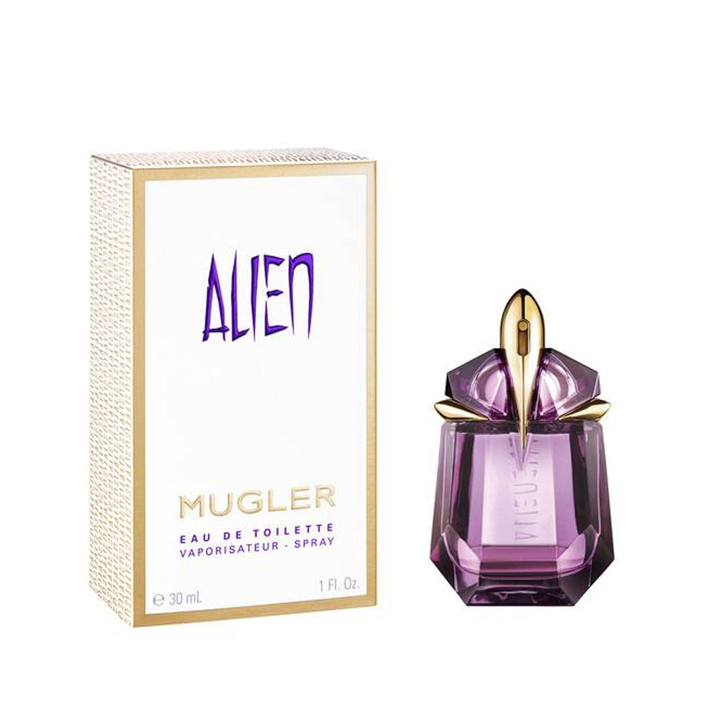 image showing the bottle and packaging for Alien Perfume By Thierry Mugler Eau De Toilette Spray new packaging 30ml