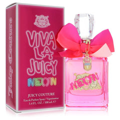 Juicy Couture Vivia La Juicy Neon Eau de Parfum bottle with a pink liquid, crystal cap, and a large pink bow, shown next to its pink packaging box.
