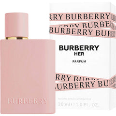 Burberry Her Parfum bottle in matte dusty pink with a gold collar, shown next to its white packaging box featuring pink Burberry branding.