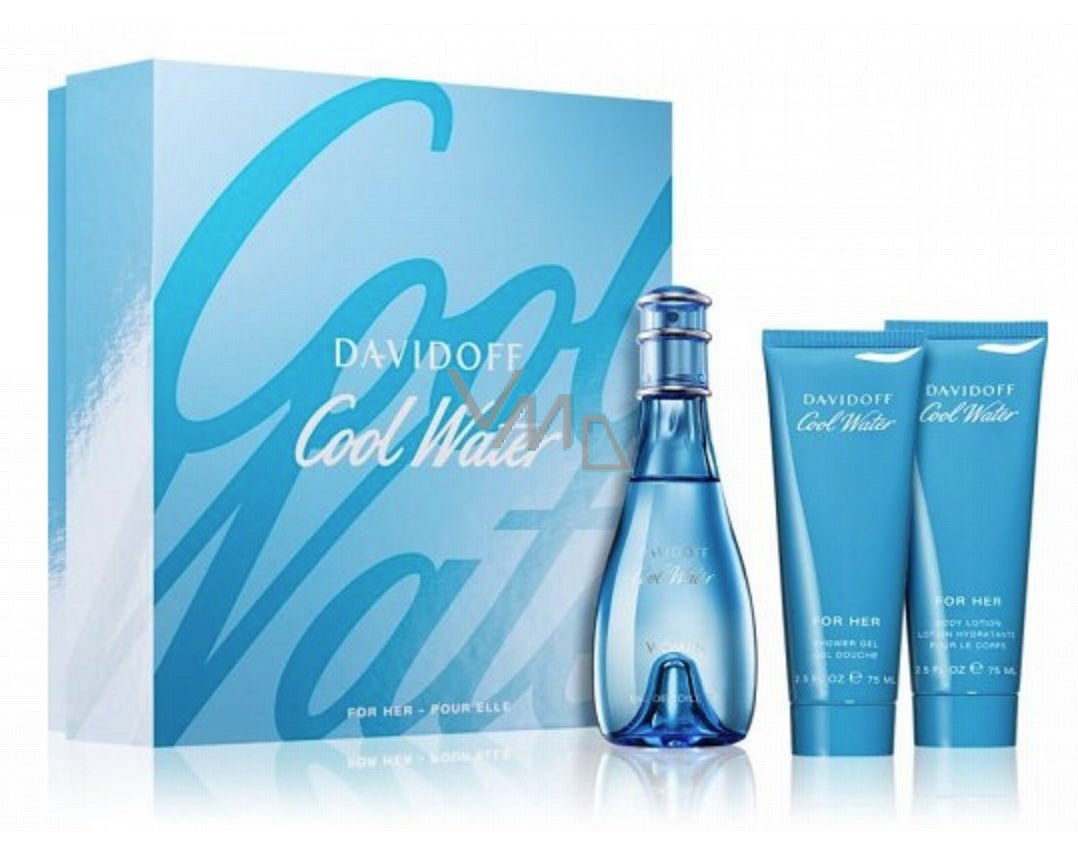 Davidoff Cool Water Woman 3pc Set 100ml Edt Spray + 75ml Body Lotion + 75ml Shower Gel - Just Perfume