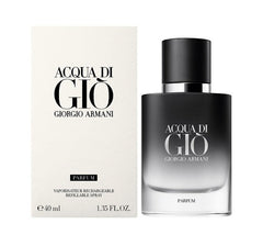 Giorgio Armani Acqua di Gio Parfum bottle next to its cream-colored packaging box, on a solid white background.