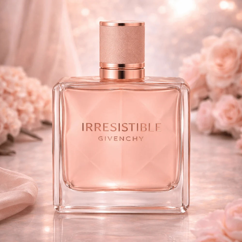 Givenchy Irresistible perfume bottle with pink flowers in the background