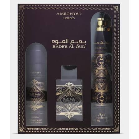 Lattafa Badee Al Oud Amethyst 3 pcs Gift Set   100ml EDP Spray + 200ml Perfumed Spray + 300ml Air Freshner set  - Just Perfume