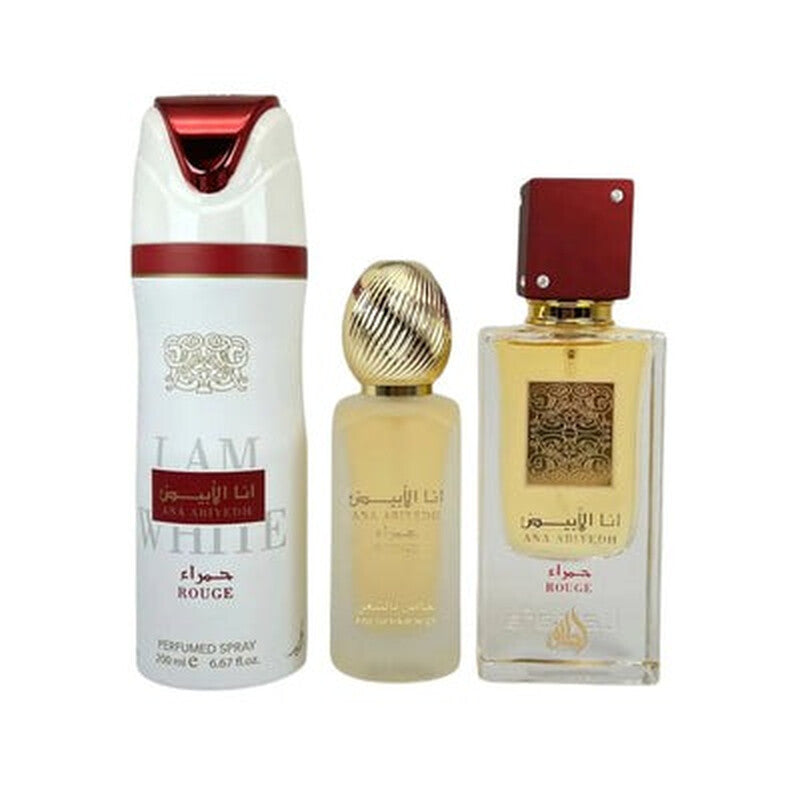 Lattafa Ana Abiyedh Rouge 3 pcs Gift Set With 100ml EDP + 200ml Deo + 50ml Hairmist set  - Just Perfume