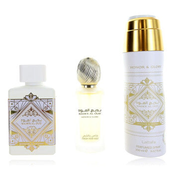 Lattafa Badee Al Oud Honor And Glory 3pcs Gift Set   100 ml EDP + 200ml Deo + 300ml Air Freshner set  - Just Perfume