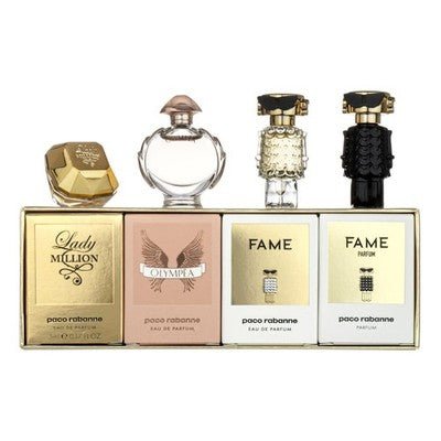 Paco Rabanne 4 Pcs Mini Set For Women: Lady Million EDP 5ml + Olympea EDP 6ml + Fame EDP 4ml + Fame Parfum 4ml - Just Perfume