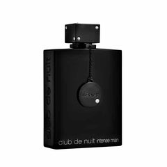 A matte black rectangular perfume bottle with a matching black cap, featuring a hanging circular tag with the brand name 'ARNIAS' and white text reading 'club de nuit intense man' on the front, set against a plain white background.