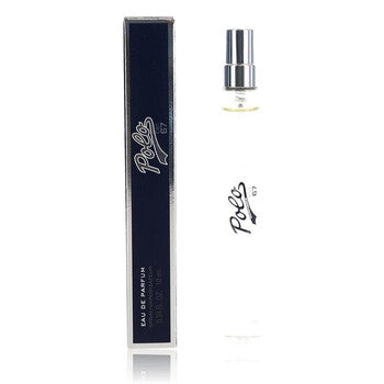 A bottle of Polo E20 Eau de Parfum next to its dark navy blue packaging box, featuring the Polo Ralph Lauren logo, on a white background with a faint reflection.