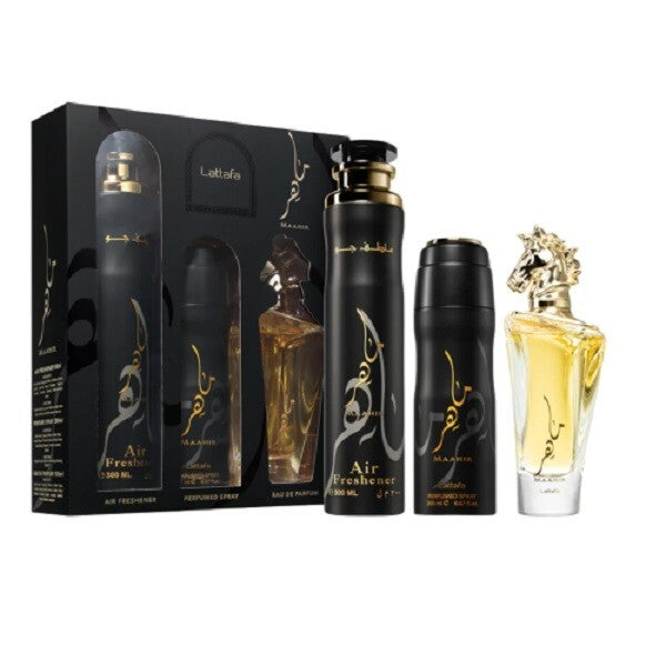 image showing the bottle and packaging for Lattafa Maahir 3 Pcs Gift Set With 100ml EDP+ 200ml Deo + 300ml Air Freshner Set