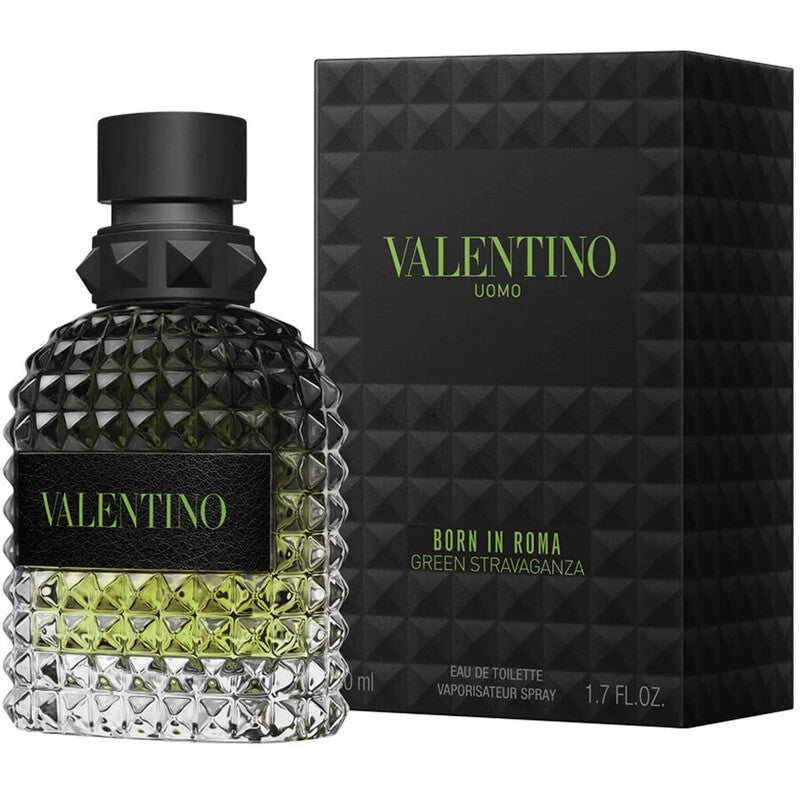 Valentino Uomo Green Stravaganza Eau de Toilette spray bottle with a textured faceted glass body and black cap, shown next to its black geometric box with green lettering.